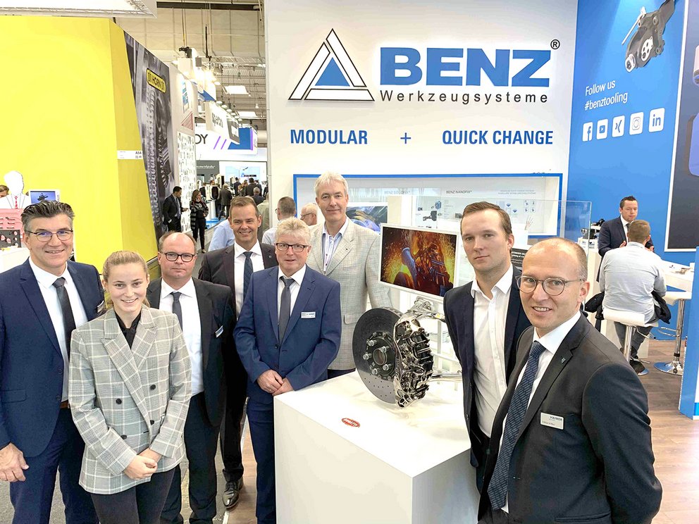 BENZ booth presenting the Bugatti brake caliper machining